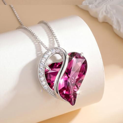 Crystal Heart Necklace for Women - Quietrose Faceted Crystal Heart Pendant with Sparkle Accents, Silver-Tone Curved Frame, 0.85" x 0.73", 18+2" Adjustable Chain, Elegant Gift for Her - color: Deep Rose - Gentle Embrace