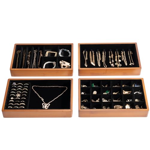 ProCase 4-Set Bamboo Stackable Jewelry Organizer Tray, Jewelry Drawer Inserts Container Display Case Storage for Earring Necklace Rings Bracelet with Removable Dividers -Black
