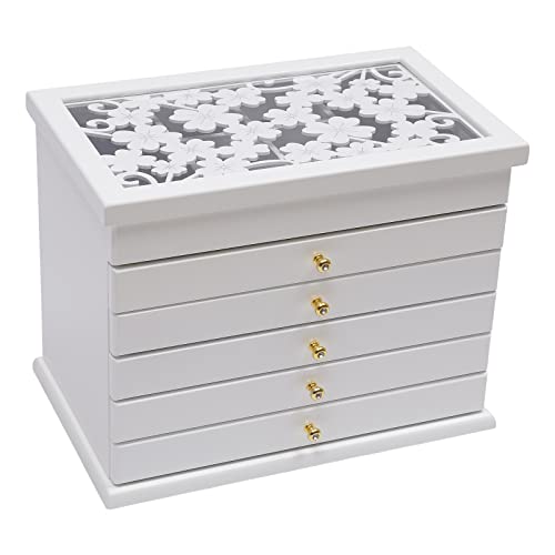 Jewelry Box for Women, 6-Tier large Wooden Jewelry organizer Vintage 5 Drawers Cabinet Jewelry Storage Box Case with Velvet Organizer for Storage Earrings Rings Bracelet (White) - color: White