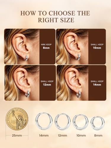 Bestyle Gold Huggies Earrings for Women Hypoallergenic 925 Sterling Silver Post Huggie Hoop Earrings Thick Lightweight Small Hoop Earrings 8/10/12/14mm - color: Silver, size: 8mm