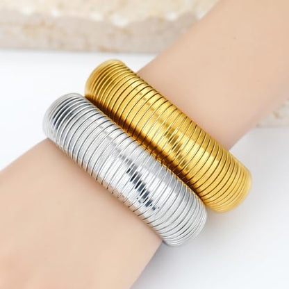 Gold Chunky Stretch Snake Chain Bangle Bracelets Stack for Women Trendy, 18K Gold Filled Stainless Steel Stretchy Womens Stackable Wristband Bangles Bracelet Set - style: GOLD&SILVER 20MM