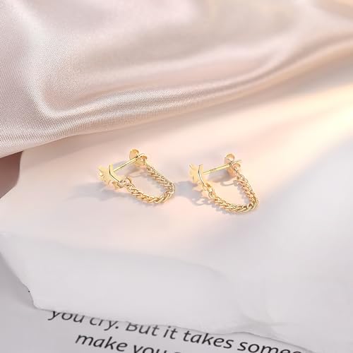 JIAYIQI Minimalist 925 Sterling Silver Stud Earrings Set, 14K Gold Plated Hypoallergenic Tiny Bar Dot Heart Star Studs for Women & Men - style: Gold-Chain Stars-1 Pair