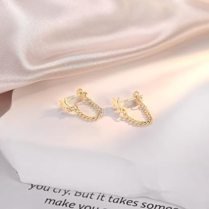 JIAYIQI Minimalist 925 Sterling Silver Stud Earrings Set, 14K Gold Plated Hypoallergenic Tiny Bar Dot Heart Star Studs for Women & Men - style: Gold-Chain Stars-1 Pair