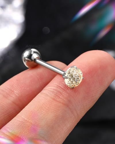G23 Solid Titanium Tongue Ring Barbell 14G Firework CZ Bar Tongue Rings Surgical Steel Toungue Piercing - color: Yellow