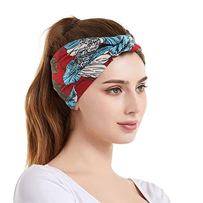 Yeshan Boho Bandeau headbands for Women Wide Bandana Knot Hair Scarf Floral Printed African Hair Bands Elastic Turban Thick Head Wraps Stretch Cotton Head Bands,Pack of 6 - color: No1(flower 6 pcs)