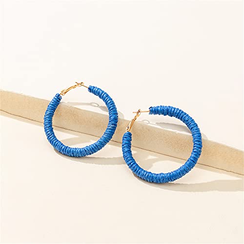 Handmade Rattan Earrings - Large Circle Braided Straw Wicker Drop Earrings - Light Weight Summer Hoops - color: D deep blue