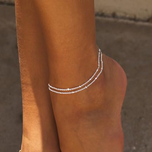 Robaice Ankle Bracelets for Women, 14K Gold Plated/Silver Layered Anklets | Waterproof Adjustable Anklet for Women, Summer Beach Anklet, Glitter Jewelry for Women Gifts - color: Silver-1