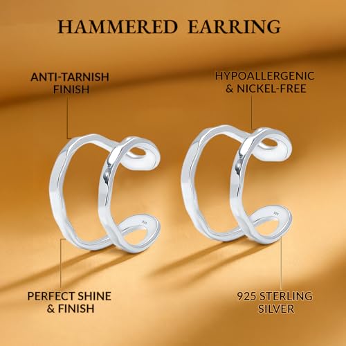 LeCalla 925 Sterling Silver Cuff Earrings for Women | Non-Piercing Fake Helix Cartilage Cuff Earrings | Hammered Ear Cuff-Set for Non-Pierced Ears | Cartilage Earring Silver Ear Clips Jewelry 12MM