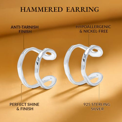 LeCalla 925 Sterling Silver Cuff Earrings for Women | Non-Piercing Fake Helix Cartilage Cuff Earrings | Hammered Ear Cuff-Set for Non-Pierced Ears | Cartilage Earring Silver Ear Clips Jewelry 12MM