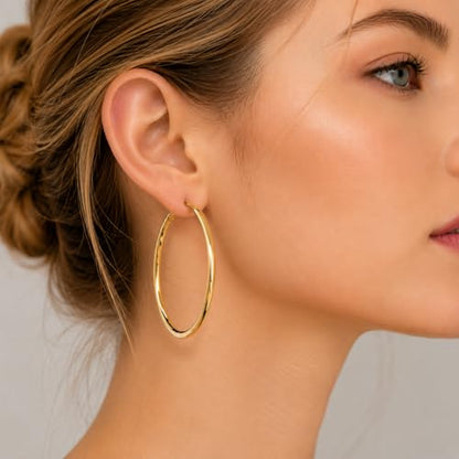 14K Gold Hoop Earrings for Women, Classic Minimalist Medium & Large Gold Hoops, Lightweight Round Hoop Earrings, Available in 35/45/55mm - size: 55MM