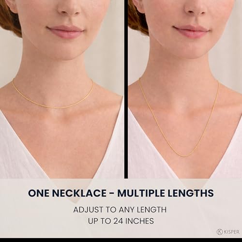 KISPER Adjustable Gold Chain Necklace for Women 1mm Cable Snake Box Slider | 24K plated stainless steel, 2 finishes, non-tarnish, waterproof, to 24 in, hypoallergenic, nickel-free - color: Yellow Gold