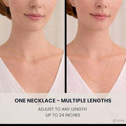 KISPER Adjustable Gold Chain Necklace for Women 1mm Cable Snake Box Slider | 24K plated stainless steel, 2 finishes, non-tarnish, waterproof, to 24 in, hypoallergenic, nickel-free - color: Yellow Gold