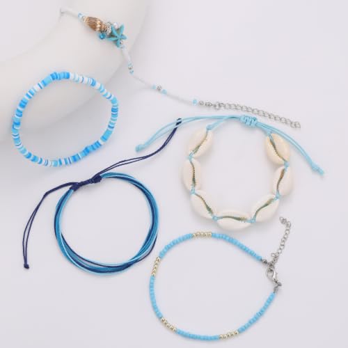 Beaded Anklet Bracelets For Women Waterproof Gold Anklets Jewelry Set Stack | non tarnish free pearl puka seashell beach boho stretchy anklet for summer dainty and tewiky gold plated - color: Blue Jewelry