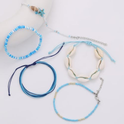 Beaded Anklet Bracelets For Women Waterproof Gold Anklets Jewelry Set Stack | non tarnish free pearl puka seashell beach boho stretchy anklet for summer dainty and tewiky gold plated - color: Blue Jewelry