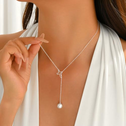 925 Sterling Silver Cross Pearl Lariat Necklace for Women | Y-Shaped Pearl Drop Necklace Adjustable Hollow Cross Pearl Necklace Faith Baptism Birthday Jewelry Gift for Mother Daughter - color: Silver