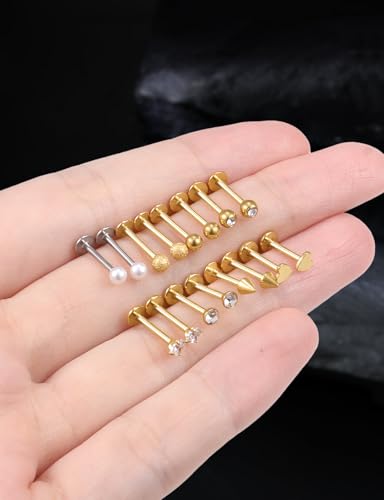 16G Flat Back Earrings Nose Studs 316L Surgical Steel Medusa Labret Monroe Lip Ring Tragus Forward Helix Conch Cartilage Lobe Earrings Stud Piercing Jewelry For Women Men 8MM Bar Length - color: 14K Gold Filled