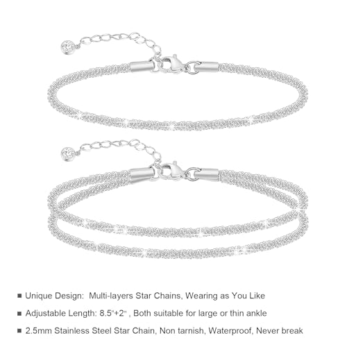 Sparkling Ankle Bracelets for Women Waterproof,18K Gold Plated Anklets for Women Large Ankles - color: B-3 Layered Star Chain-Silver