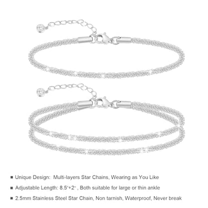 Sparkling Ankle Bracelets for Women Waterproof,18K Gold Plated Anklets for Women Large Ankles - color: B-3 Layered Star Chain-Silver
