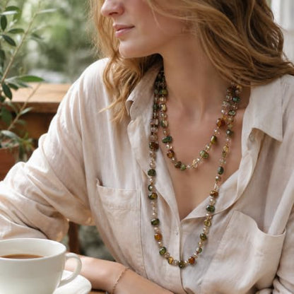 Olive/Brown Shell Nugget and Glass Crystal Bead Necklace