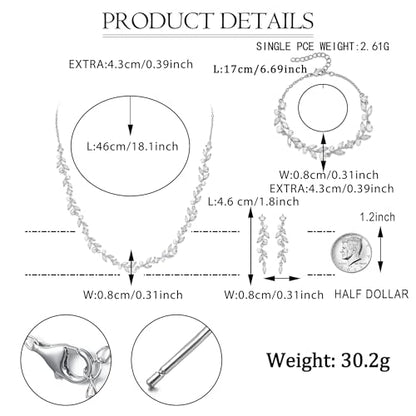EVER FAITH Cubic Zirconia Pearl Leaf Bridal Jewelry Set for Bride Women | White Wedding Prom Necklace Dangle Earrings Bracelet, for Bridesmaid - color: Leaves_Silver-Plated-Brass