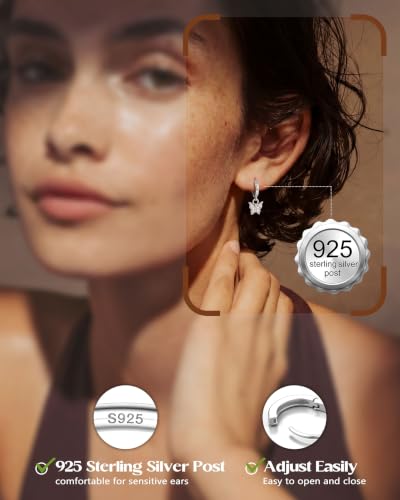 FIBO STEEL 14K Gold Plated Hoop Earrings with Charms for Women Huggie Hoops | Hypoallergenic 925 Sterling Silver Post Dangle Earrings Small Silver Gold Hoops Earring Cubic Zirconia Dangle Drop Jewelry - color: Butterfly - Silver Plated