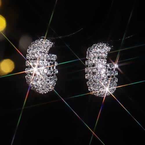 Octwine Boho Women Silver Rhinestone Hoop Earrings Sparkly Rhinestone Circle Statement Earrings Bridal Wedding Prom Bar Earrings