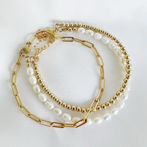 14K Gold Plated Beaded 3Pcs Stack Bracelets for Women, Dainty Trendy Freshwater Stackable Pearl Paperclip Cross Chain Gold Balls Stretch Accessories Jewelry Vacation Gift - color: paperclip