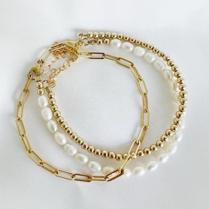 14K Gold Plated Beaded 3Pcs Stack Bracelets for Women, Dainty Trendy Freshwater Stackable Pearl Paperclip Cross Chain Gold Balls Stretch Accessories Jewelry Vacation Gift - color: paperclip