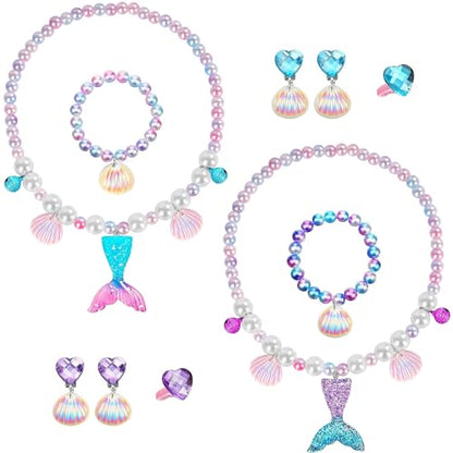 Mermaid Necklace Bracelet Set Mermaid Jewelry Kit Included Shell Necklace Bracelet Ring Earrings Accessories - color: Purple+blue