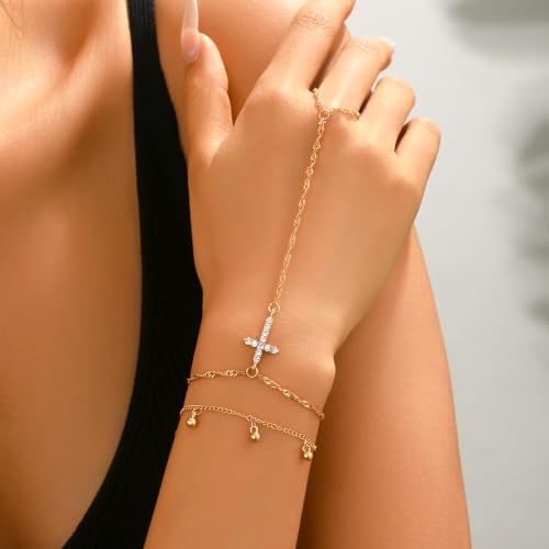 14K Gold Plated Paperclip Finger Chain Bracelet for Women | Adjustable Stackable Cubic Zirconia Hand Chain, Mother Daughter Birthday Wedding Jewelry Gifts - color: Gold-B