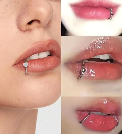 Longita Fake Lip Ring and Nose Piercing Set - Ball Spike, Hoop, Stud, Stick-on Bridge and Eyebrow Ring - Silver, Gold, Black - color: 1-silver