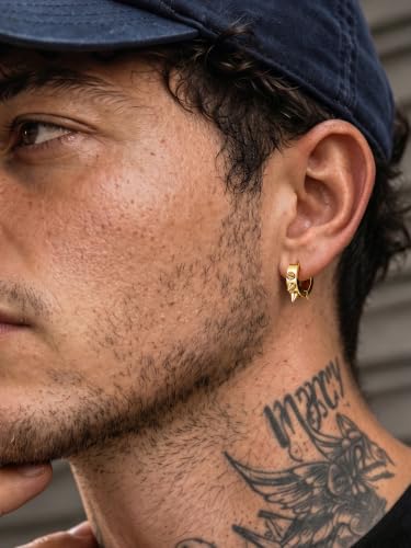 PROSTEEL Stainless Steel Huggie Hoop Earrings for Mens Gold/Black/Silver | Skull/Infinity Pattern, Spike/Cuban Links 4 Design Options Hypoallergenic Lightweight Earring Hip Hop Punk Gothic Jewelry - style: Spike Hoop-Gold