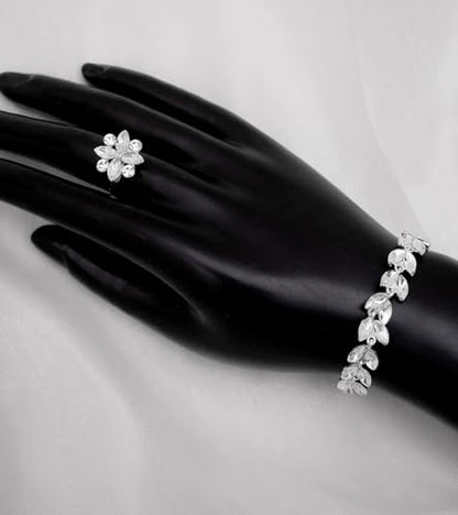 CSY Elegant Bridal Jewelry Sets Wedding Prom Homecoming Gown Accessories | Austrian Marquise Crystal Wedding Necklace Dangle Earrings Tennis Bracelet Ring Set for Bride Women Costume Accessories - color: white crystal-silver tone
