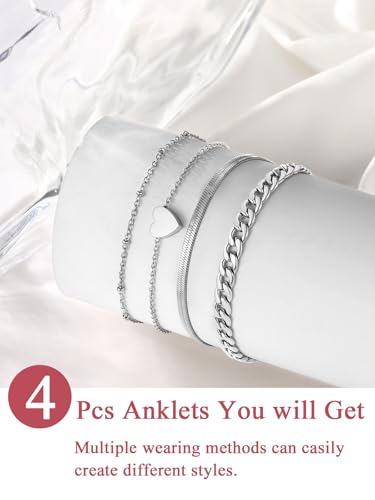 FOCALOOK Anklet Bracelets Set for Women, 14K Gold Plated Layered Anklet Set | Adjustable for Large Ankle, Cuban/Snake/Figaro/Paperclip Chain, Waterproof & Non Tarnish for Everyday Wear, Beach & Summer - color: B:3Pcs-Anklet Set-Silver