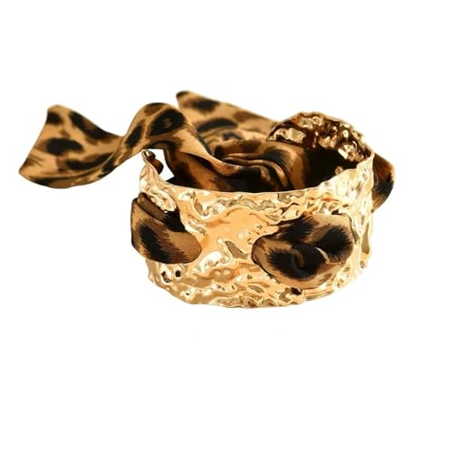 Chunky Gold Hammered Bracelets for Women, Leopard Print Scarf Big Golden Stainless Steel Cuff Bangle Silk Styling Charm Stackable Statement Jewelry Gifts - color: Medium -3.5cm
