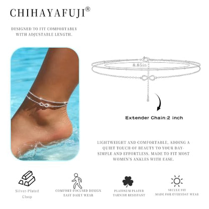 Sterling Silver Ankle Bracelets for Women Gold Waterproof Non Tarnish Beaded Chain Layered Stacking Dainty Butterfly Plus Size Large Anklet Summer Beach Vacation Jewelry Gift - color: silver4