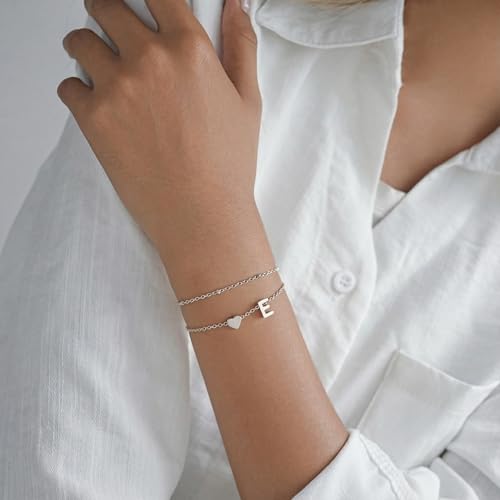 Gold Initial Bracelets for Women Trendy, Dainty Layered 14K Gold Plated Heart Letter Charm Bracelets, letter beads for name bracelets Jewelry Gifts - color: Silver-E
