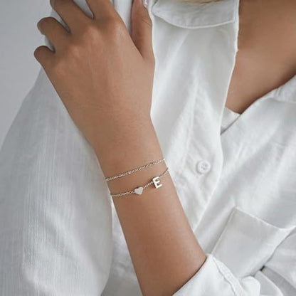 Gold Initial Bracelets for Women Trendy, Dainty Layered 14K Gold Plated Heart Letter Charm Bracelets, letter beads for name bracelets Jewelry Gifts - color: Silver-E