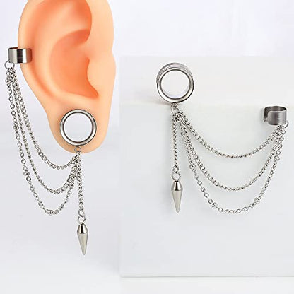 2PCS 6mm-25mm (2G-1") Trendy Cuff Clip Triple Chain Dangle Ear Plugs Gauges Screw Ear Tunnels for Women Men Hypoallergenic 316 Stainless Steel Ear Body Piercing Jewelry - size: 25mm/1"