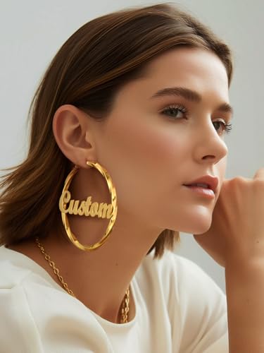 FindChic Twisted Hoop Earrings for Women, Silver/Black/14K Gold Plated Hypoallergenic Hollow Tube Rounded Loop Earrings, 30mm/40mm/60mm/80mm Hoops with Custom Name Options and Gift Box - color: f.Gold (Custom Name), size: 80MM
