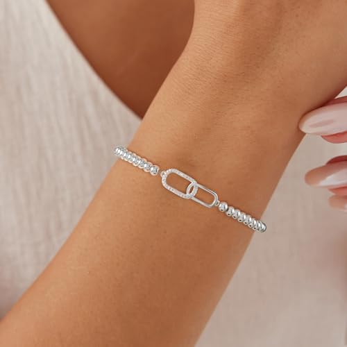 Beaded Bracelets for Women 14K Silver Gold Plated Stretch Handmade Ball Bracelets Cute Charm Bracelet Dainty Stackable Cross Heart Bow Wave CZ Circle Trendy Jewelry Easter Gifts - color: zirconia-square-silver