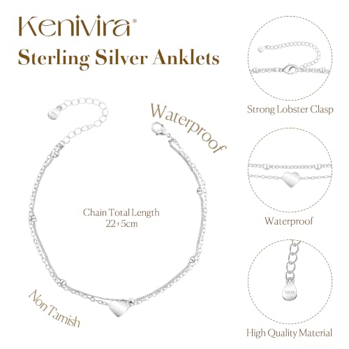 Kenivira 925 Sterling Silver Ankle Bracelets For Women Dainty Layered Waterproof 18K Gold Plated Anklets For Women Beach Adjustable Anklet Foot Jewellery - color: Heart-S