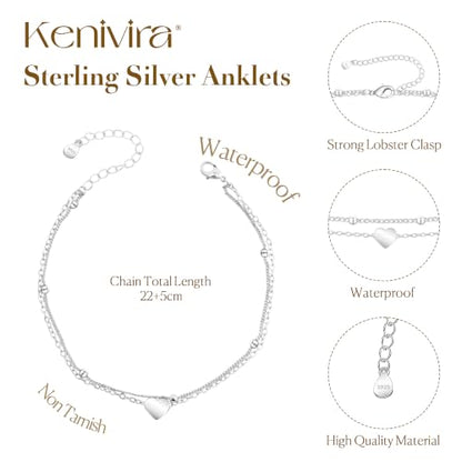 Kenivira 925 Sterling Silver Ankle Bracelets For Women Dainty Layered Waterproof 18K Gold Plated Anklets For Women Beach Adjustable Anklet Foot Jewellery - color: Heart-S