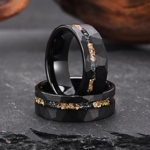 Black/gold Tungsten Carbide Rings for Men Men's Wedding band | 8mm Hammered Engagement rings Matte Brushed inlaid Gold Foil Meteorite Fragments Fashion and Comfortable fit - color: 8mm black