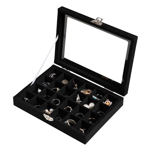 Frebeauty 24 Grid Earring Organizer,Small Velvet Jewelry Tray with Lid | Portable Jewelry Box for Rings Stud,Velvet Lining for Protecting Jewelry,Adjustable Dividers,Glass Lid for Clear Review - color: Black