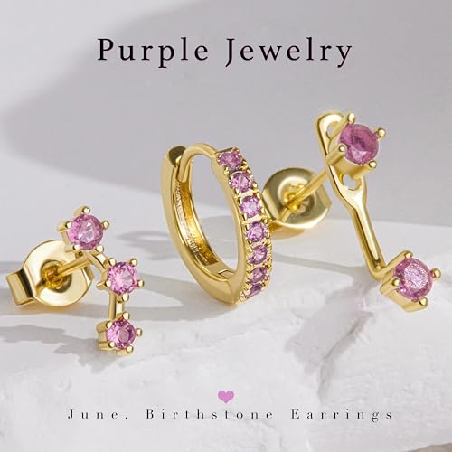3 Pairs Dainty Small Earrings Set for Women Trendy, Birthstone Stud Huggie Hoop Jacket Stack for Cartilage Helix, Gold Plated Hypoallergenic Cute Women Fashion Accessories Western Jewelry Gifts - color: 06Purple Created Alexandrite-June (Gold)