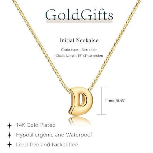 Bubble Gold Initial Necklaces for Women,14K Gold Plated A-Z Initial Necklaces for Women, Chunky balloon letter name Pendant Necklace Fashion Jewelry Gifts - color: D, style: Gold