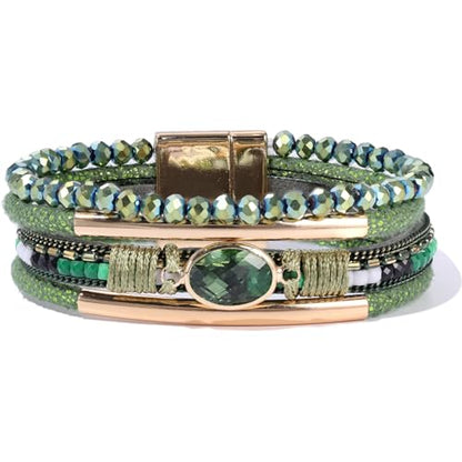 Boho Leather Wrap Bracelets Beaded Stackable Cuff Bracelet Country Concert Outfits Cowboy Cowgirl Western Jewelry Gifts for Women - color: Crystal-Green