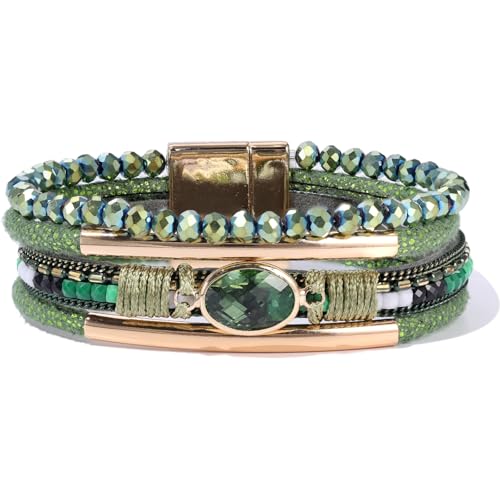 Boho Leather Wrap Bracelets Beaded Stackable Cuff Bracelet Country Concert Outfits Cowboy Cowgirl Western Jewelry Gifts for Women - color: Crystal-Green