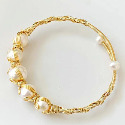 Handcrafted Natural Freshwater Baroque Pearl Bracelet,Winding Design,Opening Adjustable,14k Gold Plated Material